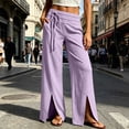 thumbnail image 3 of Bloomae Wide Leg Pants for Women Loose Flowy Palazzo Side Drawstring Pleated Elastic Waist Lounge Trousers Summer Beach Vacation High Slit Hem Pants with Pockets, 3 of 7
