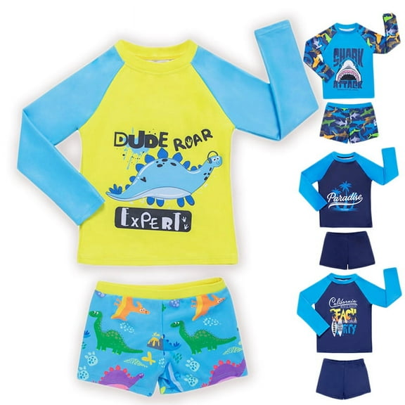 URMAGIC 2-14Y Kids Boys Long Sleeve Rash Guard Trunks Two Pieces Swimsuits Cartoon Swimwear