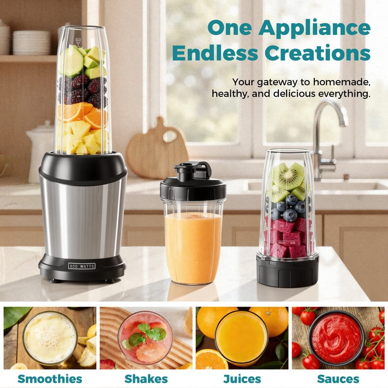 Gianna Smoothie Blender, Personal Blenders for Kitchen with 16 24 34 oz BPA-Free Portable Cups, Mini Smoothie Maker for Shakes, Sauces, Juice and Ice Crushing, Silver