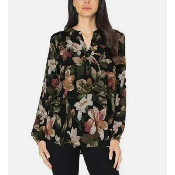 Well Worn Women's Size Small (4-6), Split Neck Long Sleeve Blouse, Black Floral