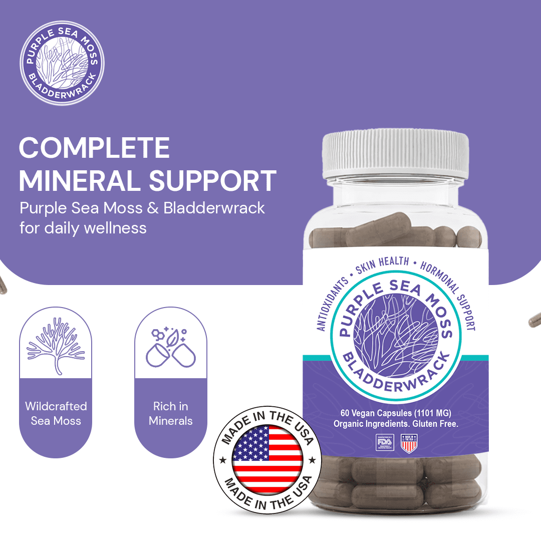 Purple Seamoss + Bladderwrack Seaweed Capsules - 2202mg Complete Nutrient Profile, Wildcrafted & Wildharvested, Made in the USA, Rich in Minerals, 60 ct