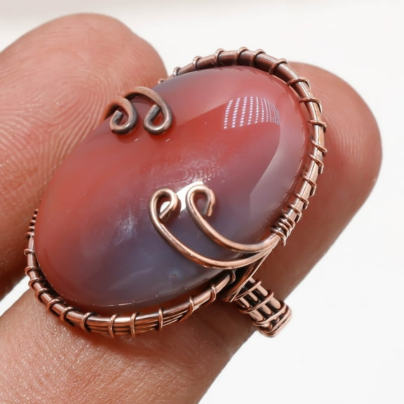 Red Geode Agate Ethnic Wire Wrapped Handcrafted Copper Jewelry Ring 6.75" SA 460