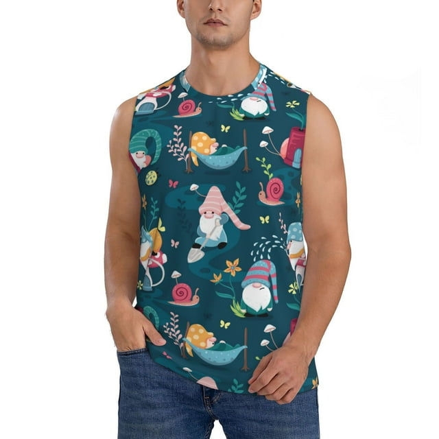 Fotbe Garden Gnomes In Flower Men's Camiseta sin Mangas Estampada para Hombres, Playera Casual para Gimnasio, Entrenamiento, Playa-Medium