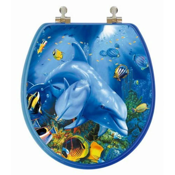 TOPSEAT Siège de Toilette Rond Série Océan 3D avec Charnières en Métal Chromé, Bois, Famille Dauphin