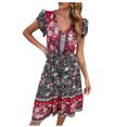 thumbnail image 2 of Summer Saving Wycnly Womens Dresses Beach Vacation Vintage Bohemian Elastic Waist Flowy Swing A Line Dresses Summer Floral Print V-Neck Short Sleeve Formal Midi Dress Black XL, 2 of 5