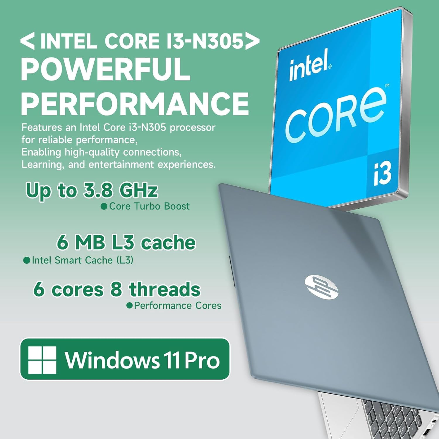 HP 15.6 Touchscreen Laptop Computer, Windows 11Pro, 8GB RAM, 256GB SSD, 15.6'' FHD Anti-Glare Touchscreen, Intel 8 Core i3-N305, AI Copilot, Intel UHD Graphics, Wi-Fi-6, Moonlight Blue