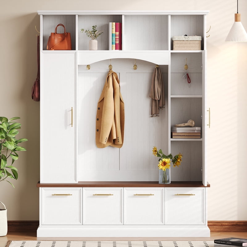 76.7''H Tall Hall Tree with Golden Hooks & Handles, Entryway Large Shoe Storage Bench with Cabinets & Adjustable Shelves