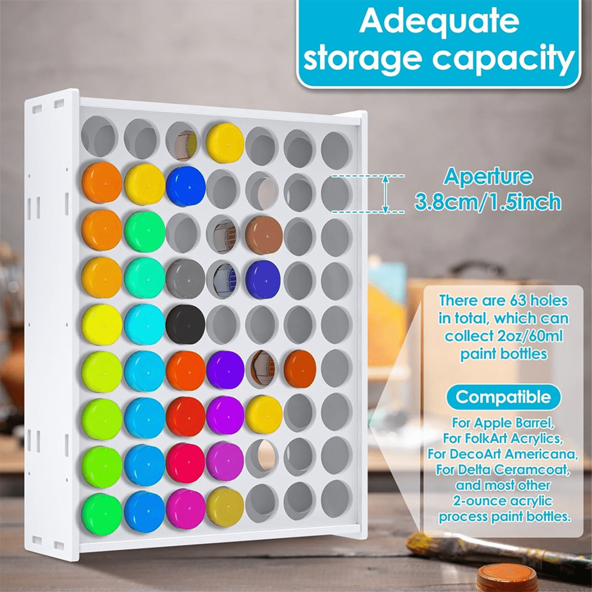 1 Pcs 63 Holes Craft Paint Storage Organizer Vertical Paint Rack Stand Wall Mounted Paint Organizers for ArtSupplies