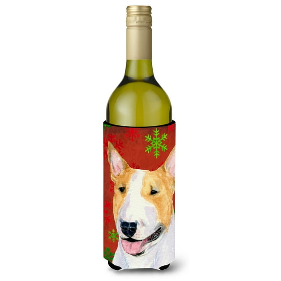 Bull Terrier Red and Green Snowflakes Holiday Christmas Wine Bottle Hugger