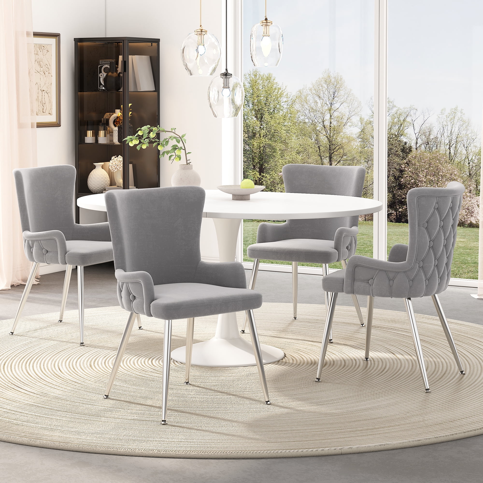 Noble House Set of 6, Velvet Dining Chairs, Light Luxury Tufted Chair with Four Gold Metal Legs,Gray
