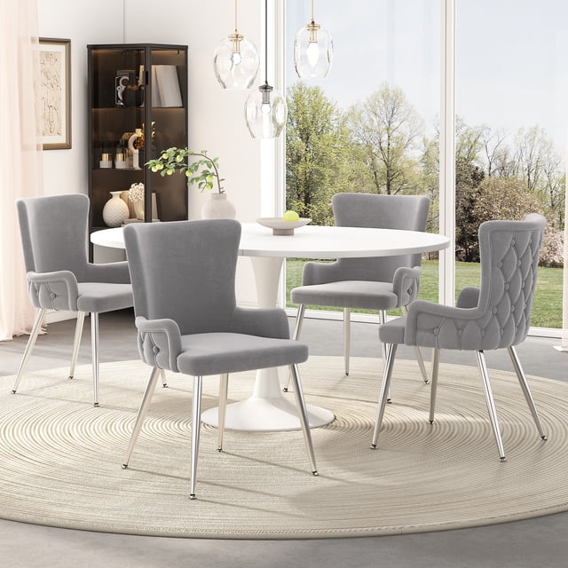 Noble House 5-Piece Dining Set, White Extendable Round Table for 4–6 with 4 Velvet Chairs, Gold Metal Legs, Gray