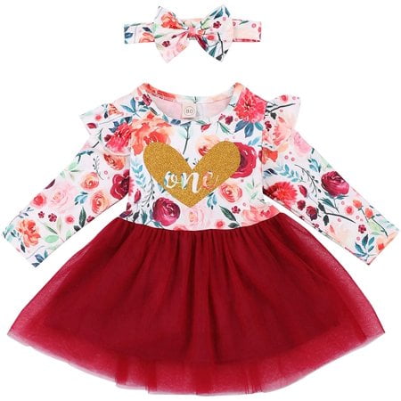 

Babibeauty Infant Baby Girl Dress Kids Floral Heart One Long Sleeve Tutu Ruffled Dress with Bowknot Headband Outfits Set (Wine red 6-12M)
