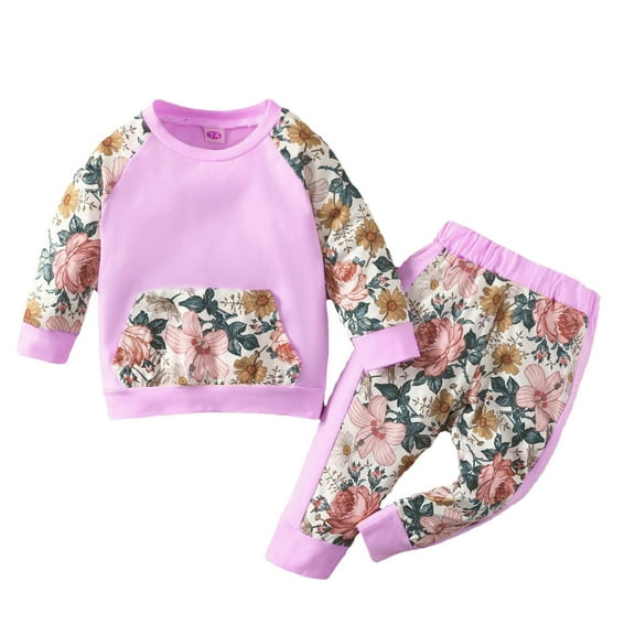 Tiijoy Newborn Girl's Sweatsuits Floral Pocket Crewneck Sweatshirt Jogger Pants Outfit Sets, Sizes 0-3M