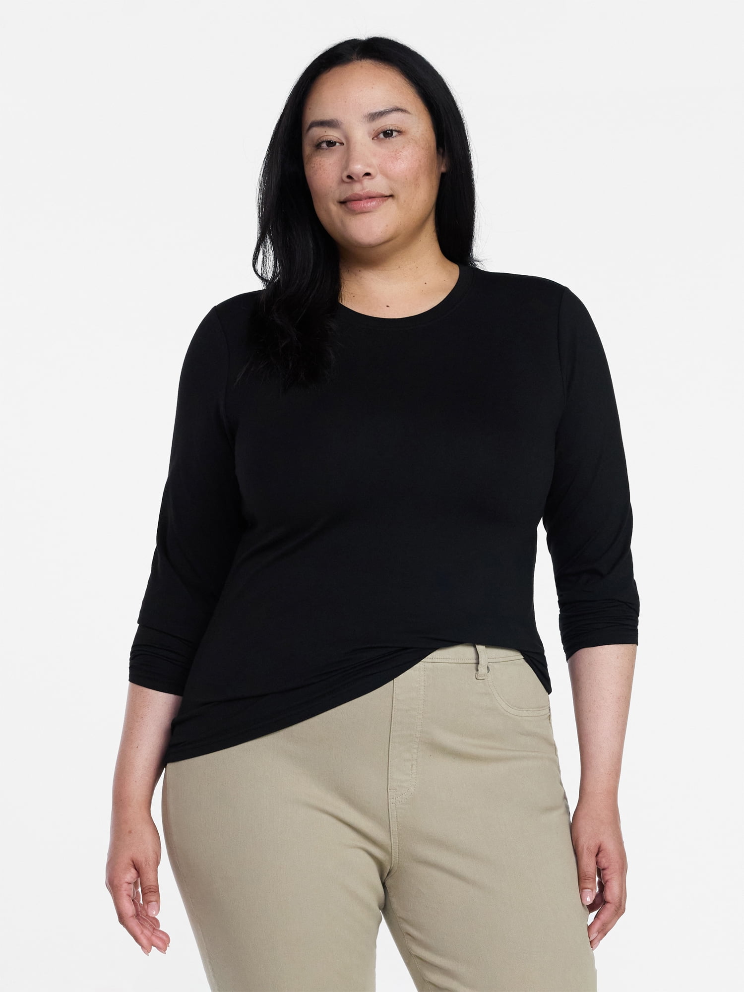 Time and Tru Women's Slim Crewneck Tee with Long Sleeves, Sizes XS-XXXL
