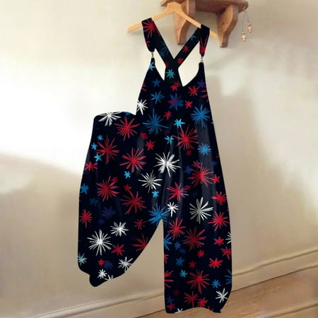 MGCWSH Womens Independence Day Overalls Patriotic Overalls for Women Usa Flag Stripes Summer Jumpsuit Wide Leg One Piece Casual Oversize Rompers White XL