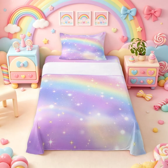 Manfei Dreamy Rainbow Twin Sheets, Glitter Galaxy Stars Bedding, Pastel, 3 Pieces, 1 Flat Sheet, 1 Fitted Sheet and 1 Pillowcase