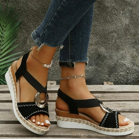 

Suede Metal Detail Slingback Wedge Sandals For Women Casual Open Toe Sandals Roman Platform Sandals Note Please Buy One Or Two Sizes Larger