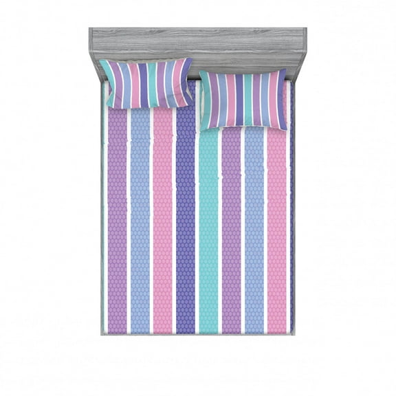 Ambesonne Abstract Fitted Sheet & Pillow Sham Set, Polka Dot with Stripes, Queen, Violet and Violet Blue
