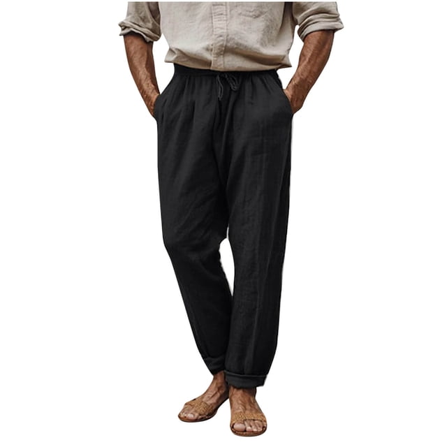 Casual Pants for Men, Elastic Waist with Front Pockets, Solid Color Khaki Lightweight Polyester Long Pants for Spring and Summer