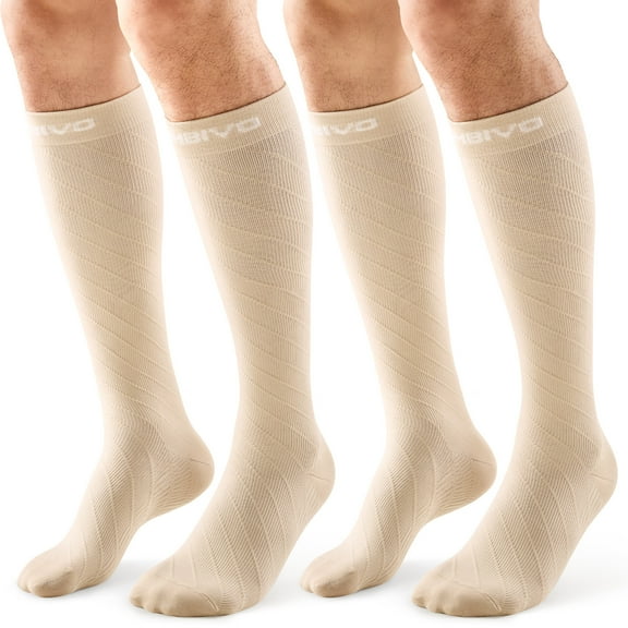 CAMBIVO Compression Socks for Women Men, 2 Pairs Knee High Socks 20-30mmHg Long Stockings for Running, Circulation, Nurses, and Travel, Beige