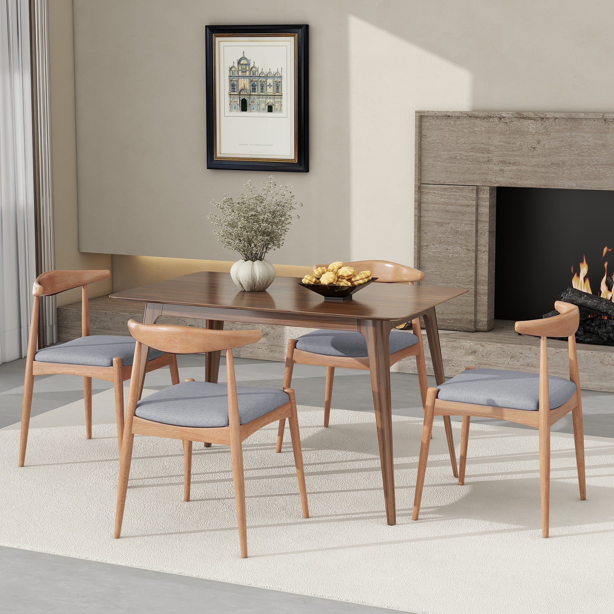 Aukfa Set of 2 Mid-Century Modern Dining Chairs, Upholstered Seat & Ergonomic Backrest Side Chairs, Rubberwood Frame, Light Gary