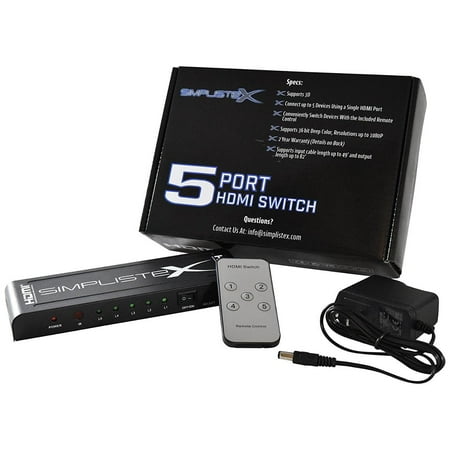 Switch Switcher Selector Remote Simplistex® - 5x1 HDMI Switcher / Selector W/ IR Remote Control - Supports 3D, 1080P, 16 Bit Color ()