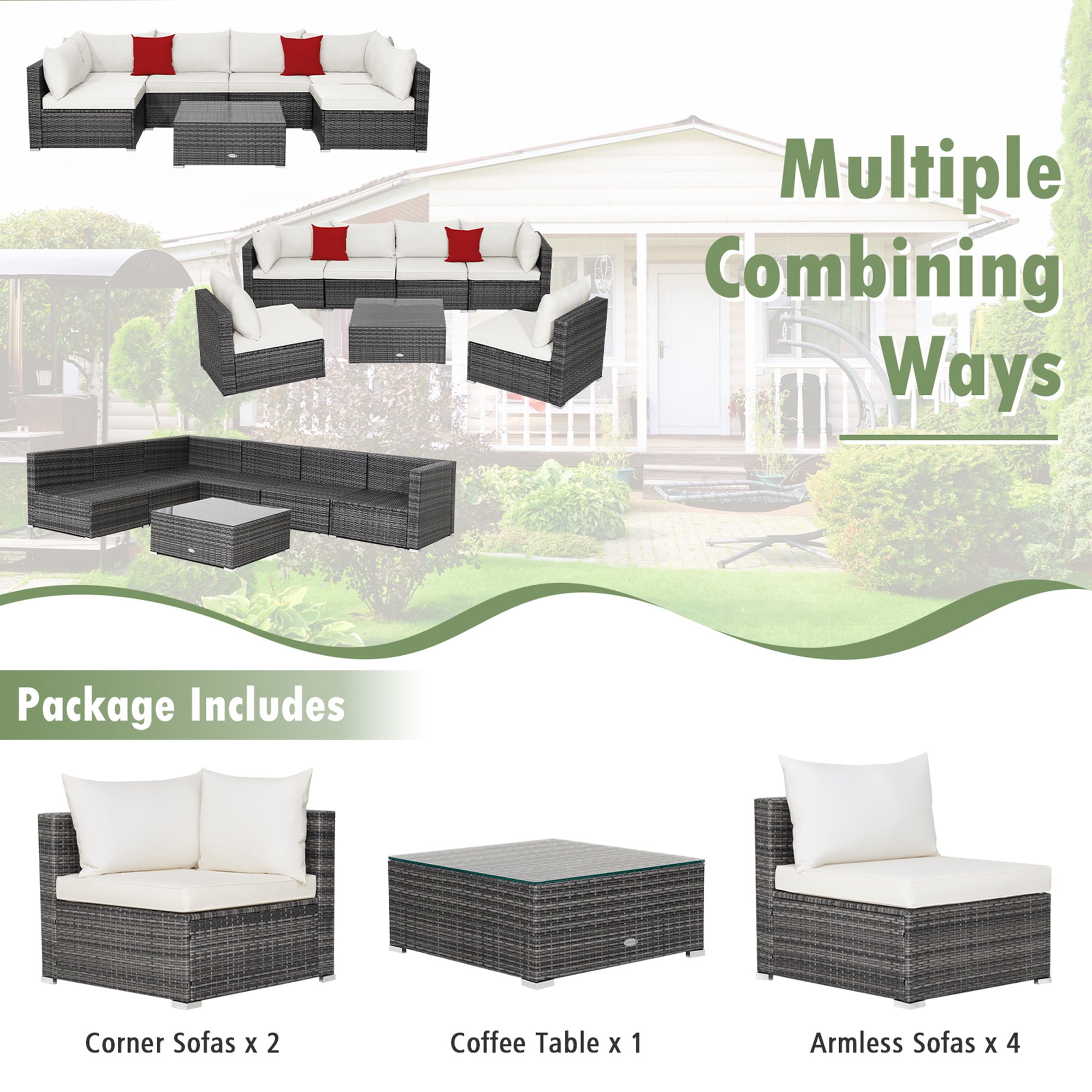 Gymax 7PCS Patio Rattan Sectional Sofa Set Outdoor Furniture Set w/ Off White Cushions