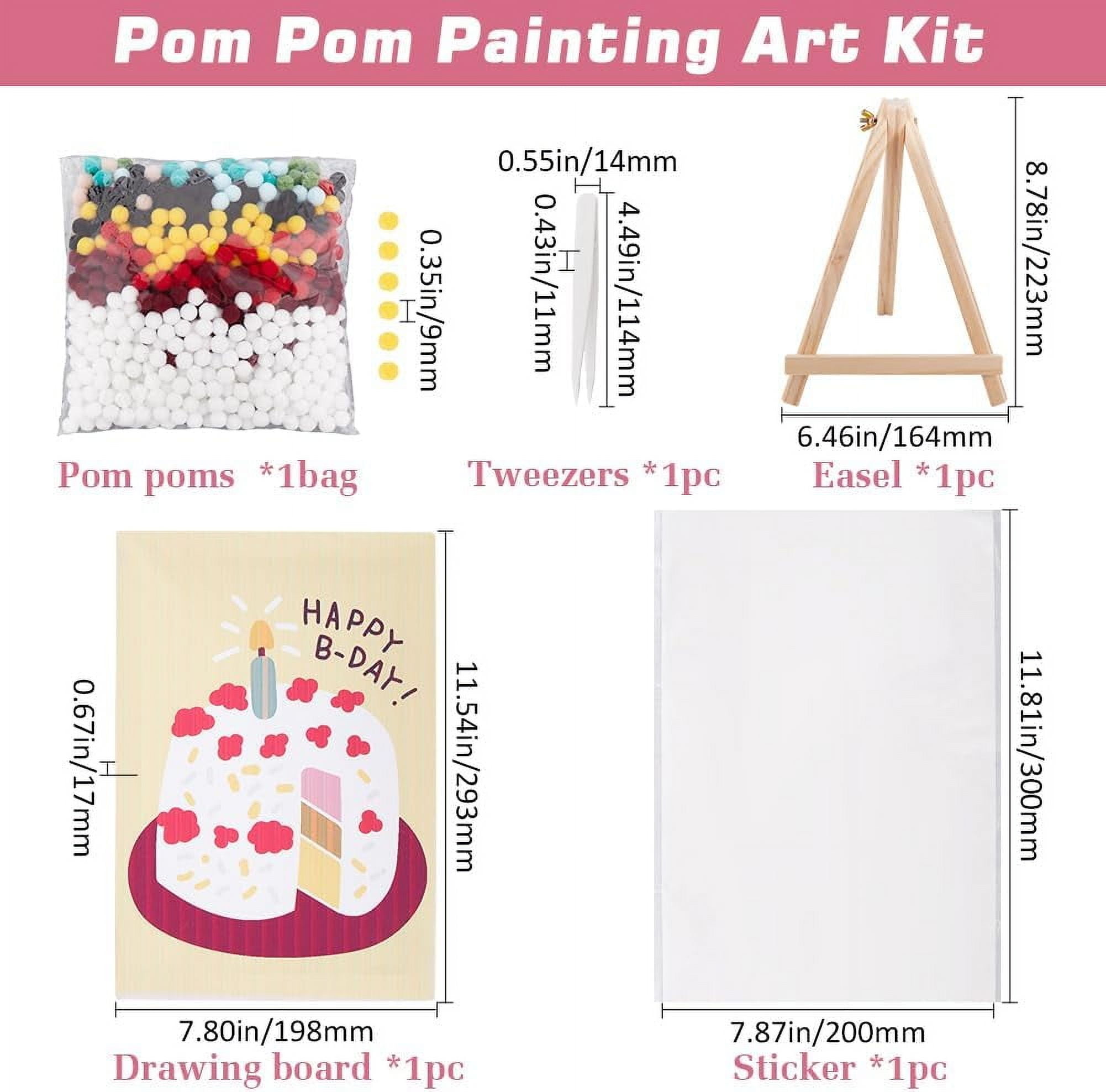 Pom Pom Painting Art Colorful Small Fluffy Balls Birthday Cake Drawing Board Pom Pom Pictures Craft with Wood Easels Photo Frame Pompoms Art Kit
