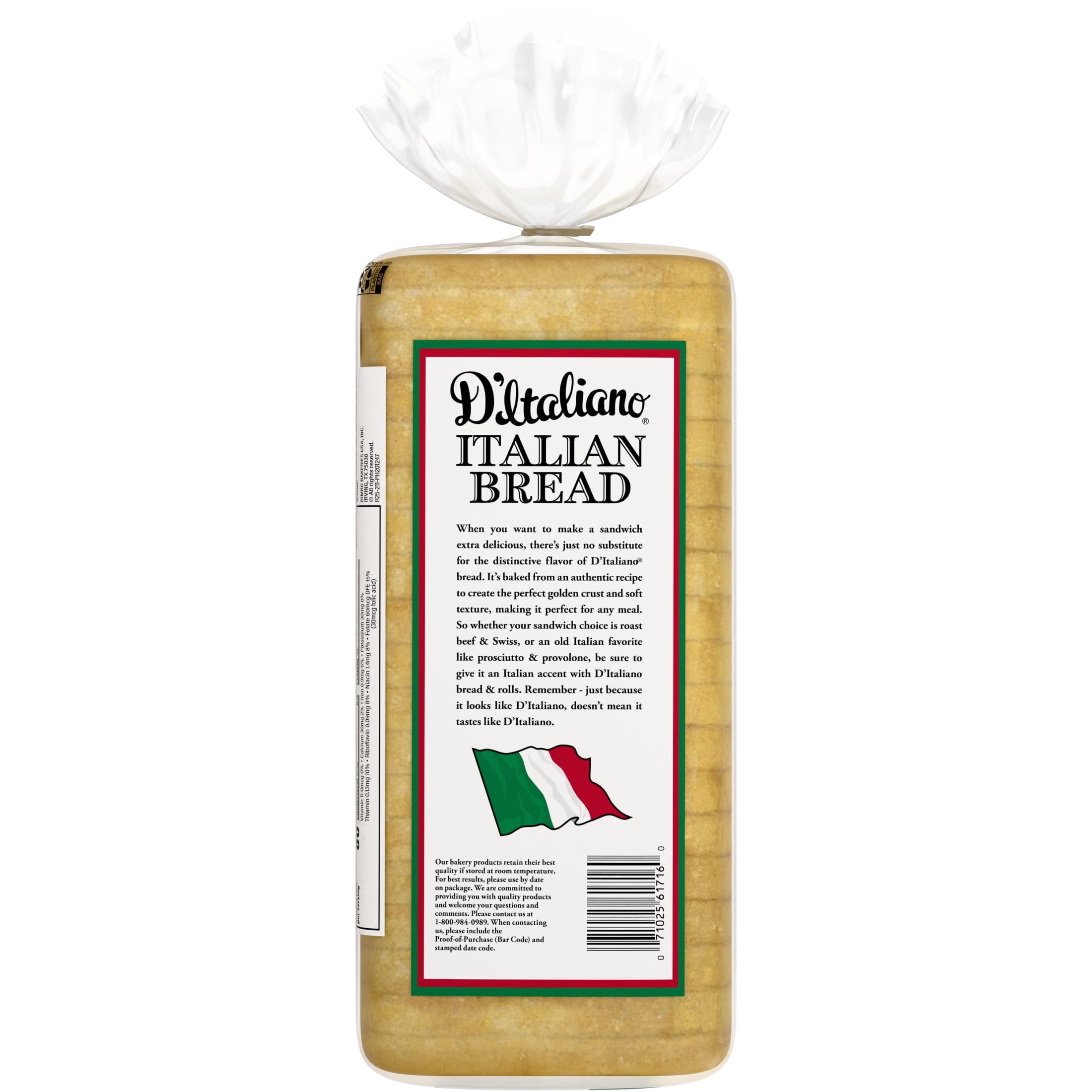 D'Italiano Italian Bread, 20 oz, White Italian Bread, Bag