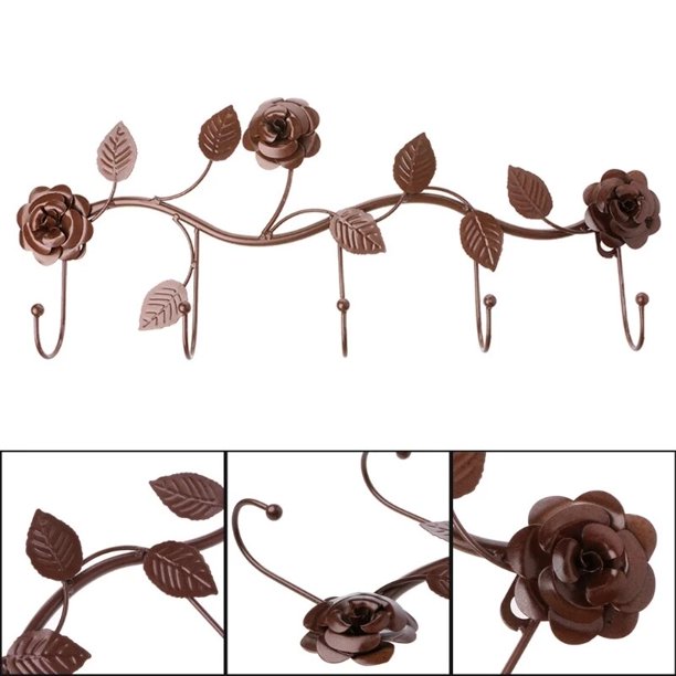 Wrought Iron Rose Leaves Hook Coat Hat Scarf Bag Hanger Organizer Holder Wall Decor Key Holder Handbag Storage Rack AccessoriesBrownAustralia He Qiyong unisex