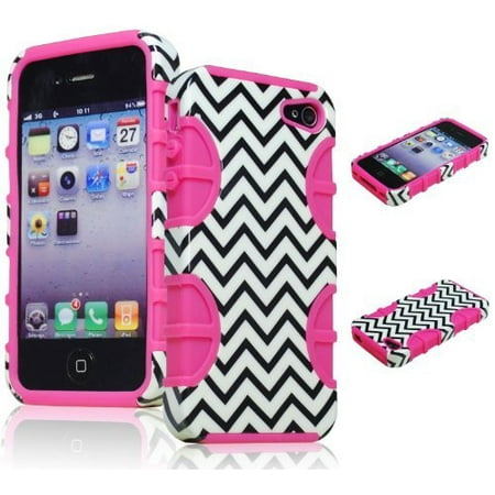 Bastex Hybrid Case for Apple iPhone 4, 4s - Hot Pink Silicone with Hard Black & White Chevron Pattern