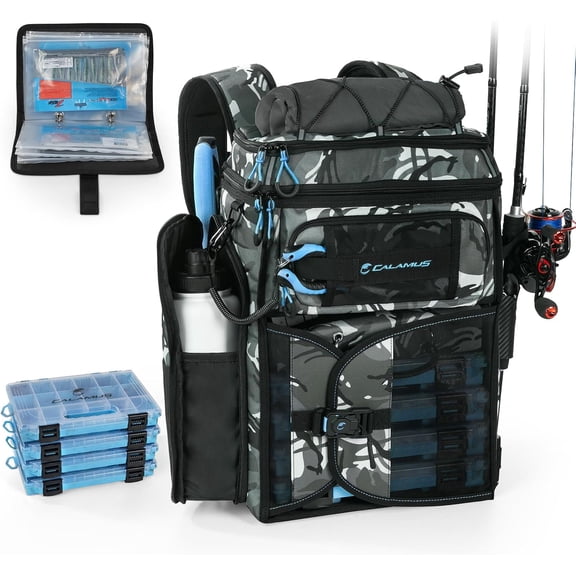 Calamus GearMaster Tackle Backpack with Bait Binder, Large Lightweight Water-Resistant Fishing Bag, Rod Holders, Food Storage