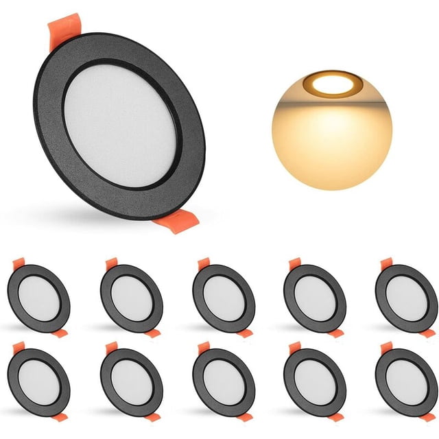 foco empotrable pared y techo tunc foco empotrable led negro 10 x 5w 450lm ac 85-265v plafón redondo 3000k luz cálida pack de 10 focos empotrados LED negros, vista frontal centrada de un plafón redondo con aro negro mate y difusor blanco opal; clips de resorte naranja visibles; diámetro exterior Ø108 mm, recorte recomendado Ø80–90 mm, profundidad de instalación 30 mm; 5 W y 450 lm por unidad, 3000 K luz cálida, CRI >85 y ángulo de haz 120°; instalación directa sin transformador, apto para sala, cocina, baño, oficina, autocaravana o yate; también adecuado como iluminación de tarea o decorativa.