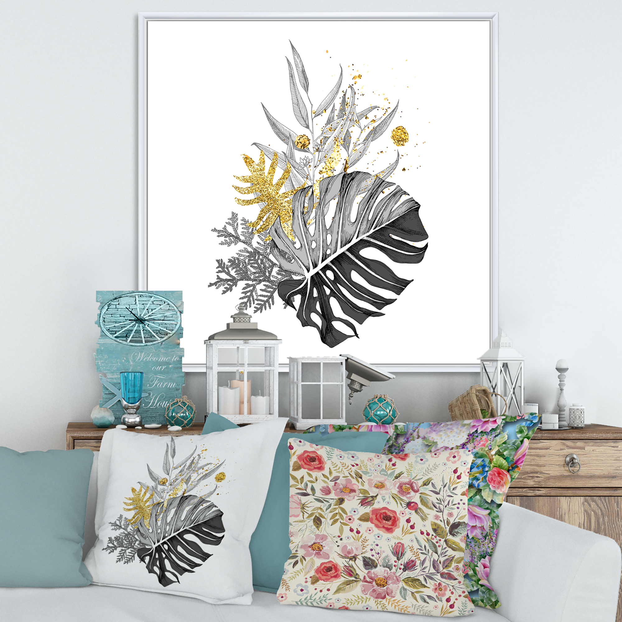 Designart 'Bouquet With Golden Tropical Leaves and Monochrome' Tropical Framed Canvas Wall Art Print
