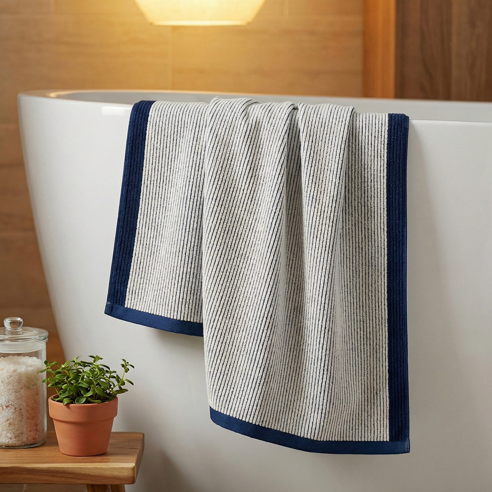 Unique Bargains Soft Highly Absorbent Cotton Striped Bath Towel 2 Pack Blue 55"x28"