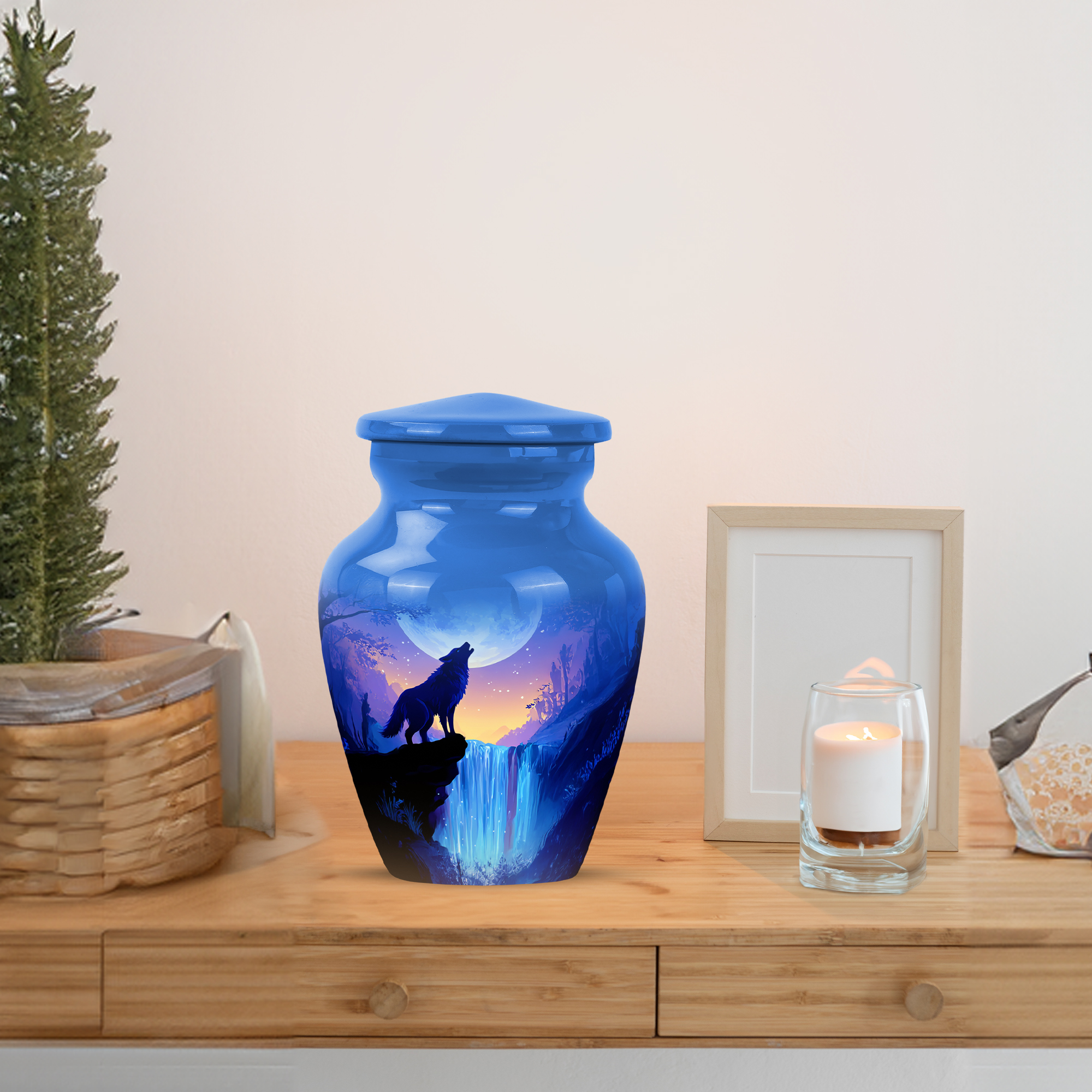 MUKTIVE Waterfall Keepsake Burial Urns for Human Ashes Adult Man, Mini Aqua Blue Burial Urns for Human Ashes Adult Female, Tiny Wolf Urn, Mini Moon Portable Urn for Travel, 3 Inch