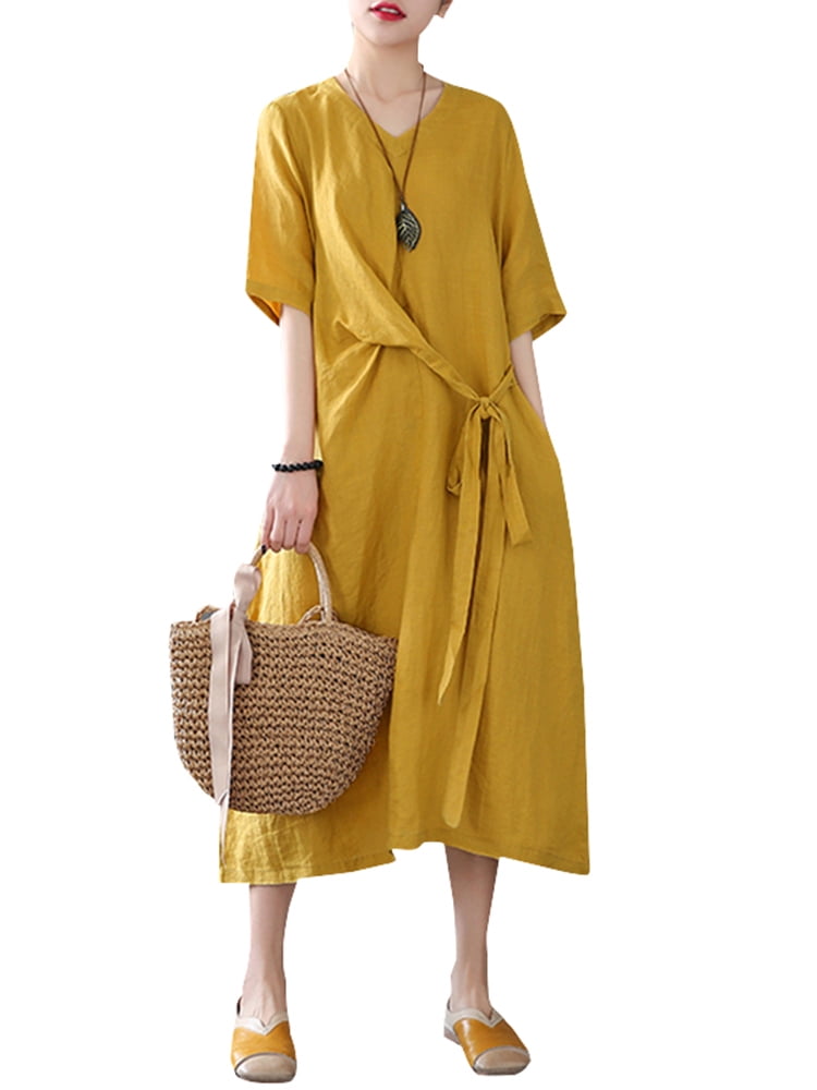 ZANZEA Women's V-Neck Half Sleeve A Swing Dress Solid Color Loose Dress