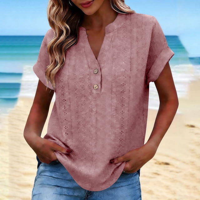 TaTaai Women’s Pa Collar V Neck Button Front Short Sleeve T Shirts Casual Loose Blouses Solid Color Polyester Tops Summer Daily Tees Gift
