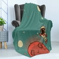 thumbnail image 4 of Space Soft Flannel Fleece Throw Blanket, Cosmic Background with Doodle Cosmonaut Floating Planetary Landscape, Cozy Plush for Indoor and Outdoor Use, 50" x 60", Coral Turquoise Ivory, by Ambesonne, 4 of 5