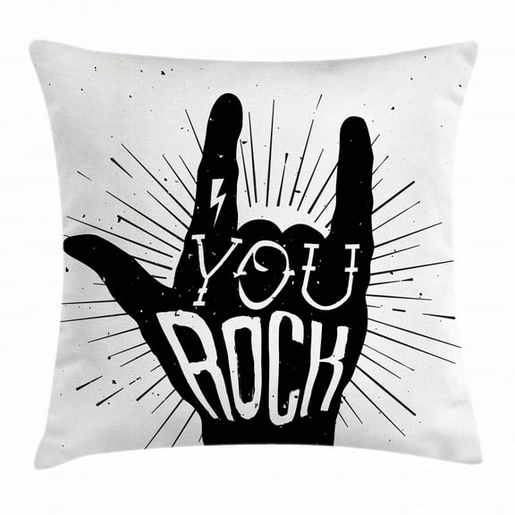 Rock Music Throw Pillow Cushion Cover, You Rock Quote with Devil Symbol and Abstract Lines Monochrome Tattoo Pattern, Decorative Square Accent Pillow Case, 24 X 24 Inches, Black White, by Ambesonne