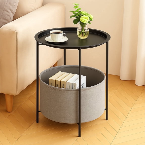PinkSheep Round Side Table with Storage Bakset, Small Bedside Table End Table for Living Room Bedroom, Black