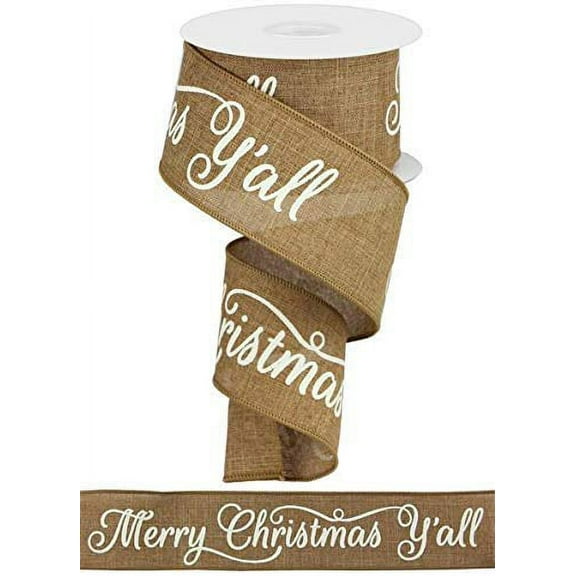 Merry Christmas Y'all Wired Ribbon - 2 1/2" x 10 Yards, Tan and Cream, Gift Wrapping, Wreath Decoration, Garland, Tree Topper Bow, Boxing Day, Fundraiser, Winter Décor