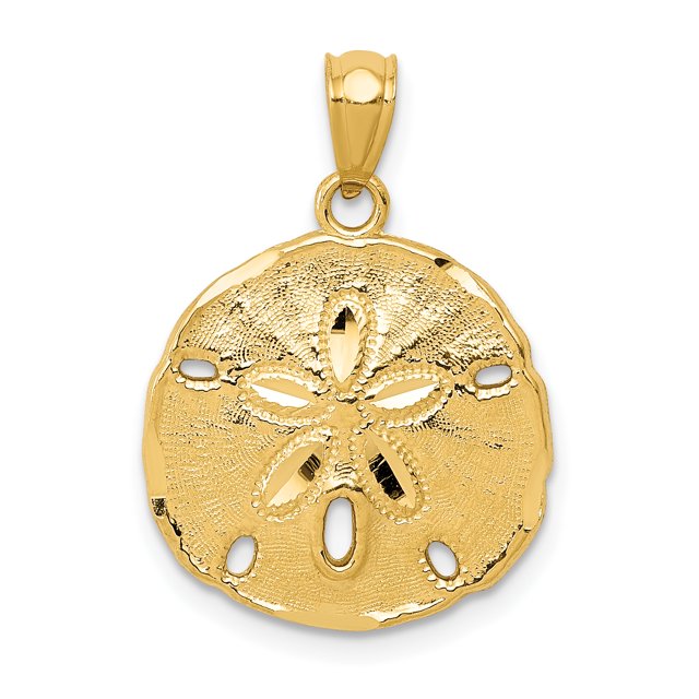 14K Yellow Gold Gold Polished Large Sand Dollar Pendant featuring a detailed sand dollar design with a polished finish. Made from 14K yellow gold, this solid casted pendant weighs approximately 1.23 grams. Suitable as a charm or necklace pendant, it comes with a gift box.