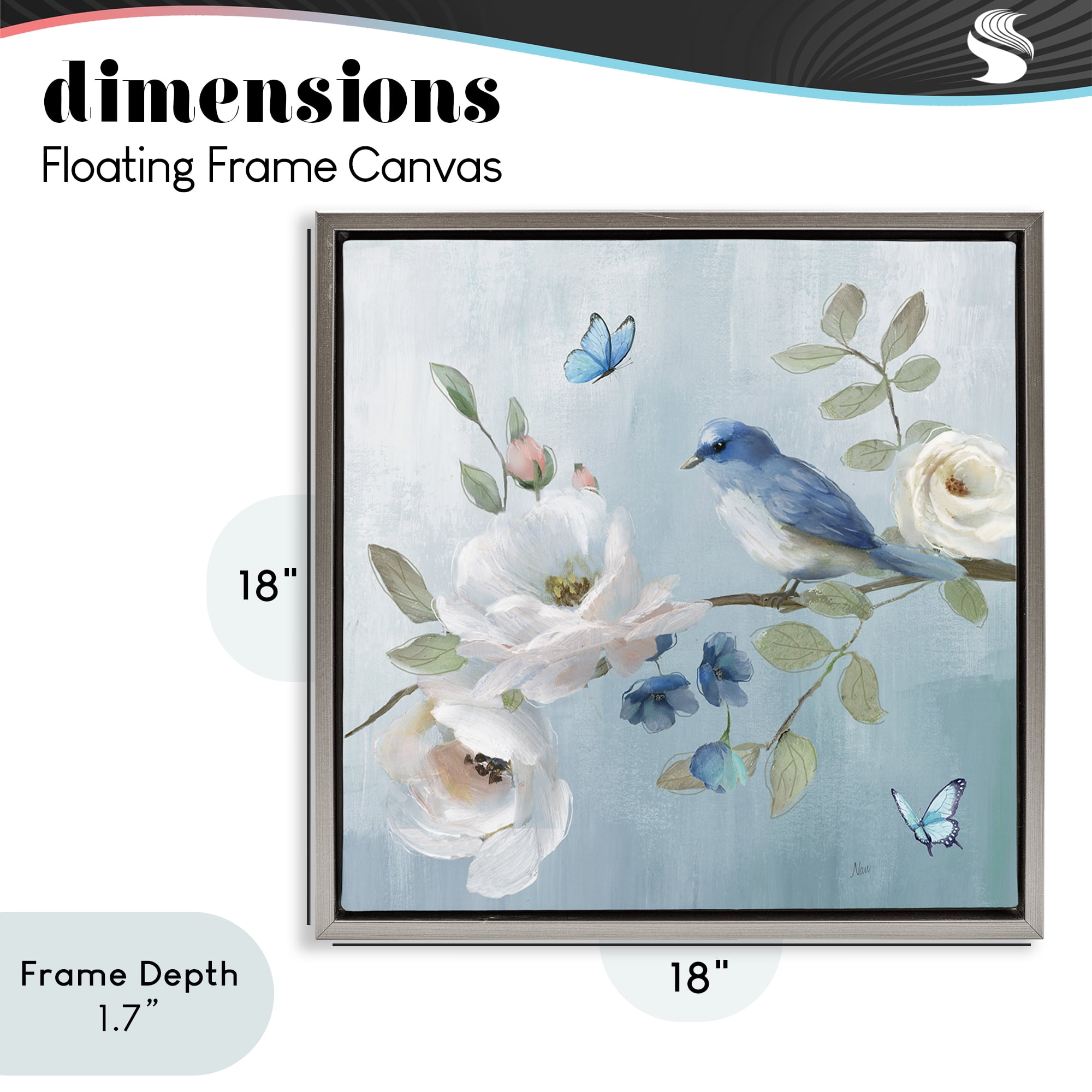Stupell Industries Pastel Blue Bird Blooms Gray Framed Floater Canvas Wall Art, design by Nan