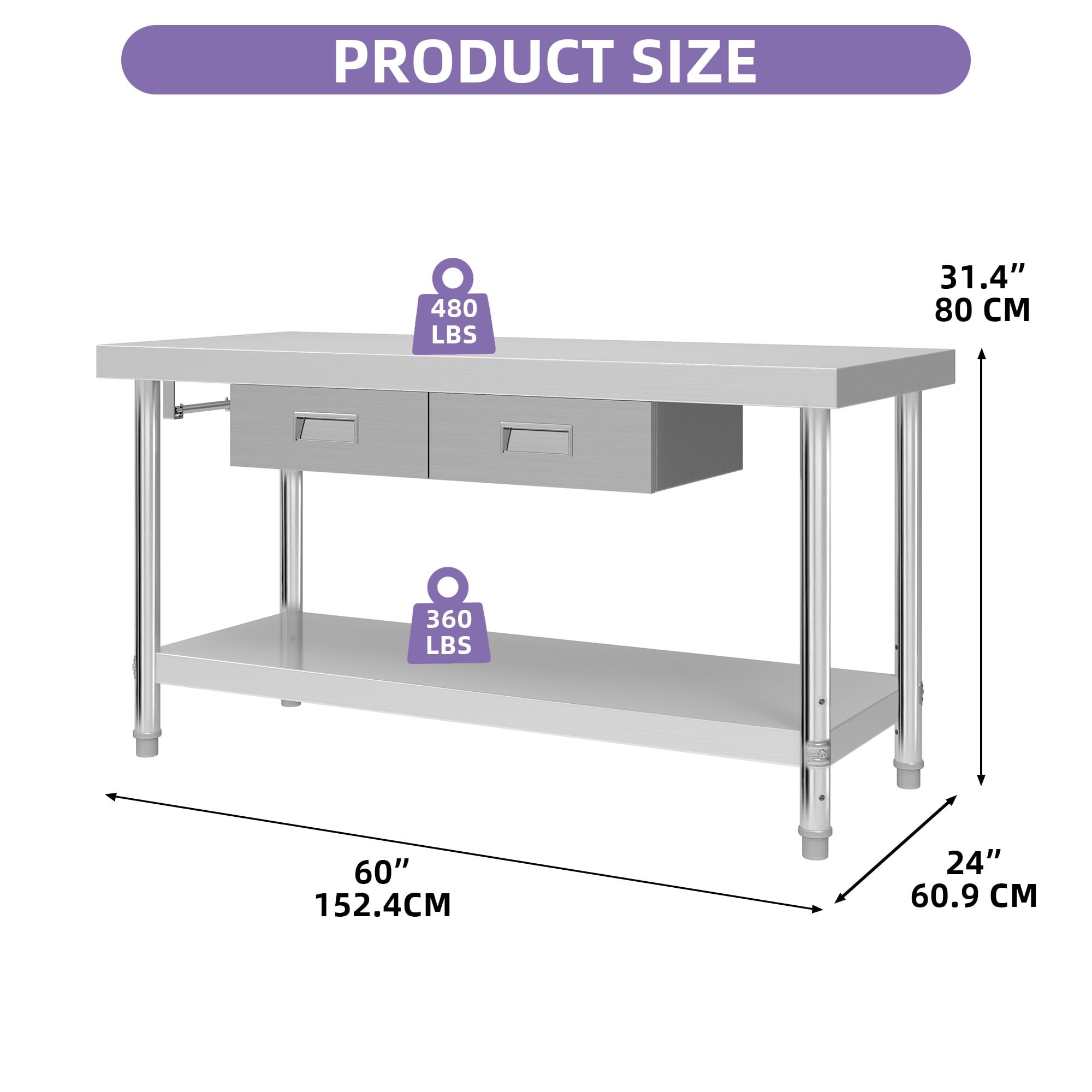 Uforic 60" x 24" Stainless Steel Prep Table with 2 Drawers, Paper Towel Holder, Adjustable Storage, Heavy-Duty Metal Workbench for Commercial, Home, Industrial