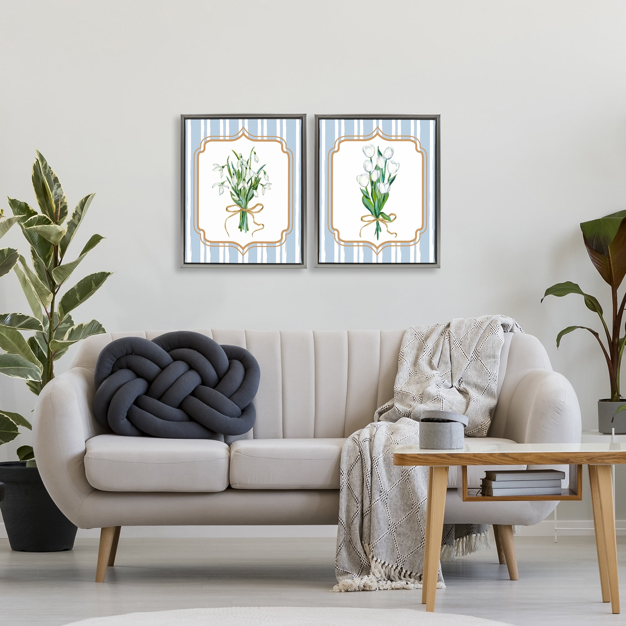 White Flowers Classic Stripes 2 Piece Gray Framed Floater Canvas Set, design by Adonna Ebrahimi
