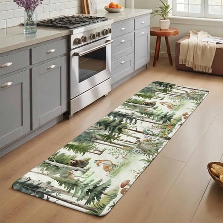 Forest Animal Washable Runner Rug 3X7 ft Woodland Bear Fox Deer Watercolors Tree Non-Slip Hallway Runner Rug Linen Kitchen Runner Mats Indoor Floor Carpet for Entryway Bathroom Bedroom Living Room