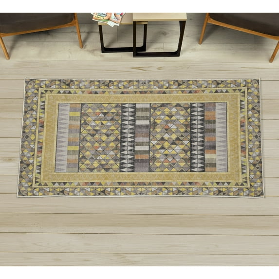 Geometric Decorative Rug, Colorful Triangles and Wavy Lines Modern Look Design Rectangular Details, Quality Carpet for Bedroom Dorm and Living Room, 6 Sizes, Pale Yellow, by Ambesonne