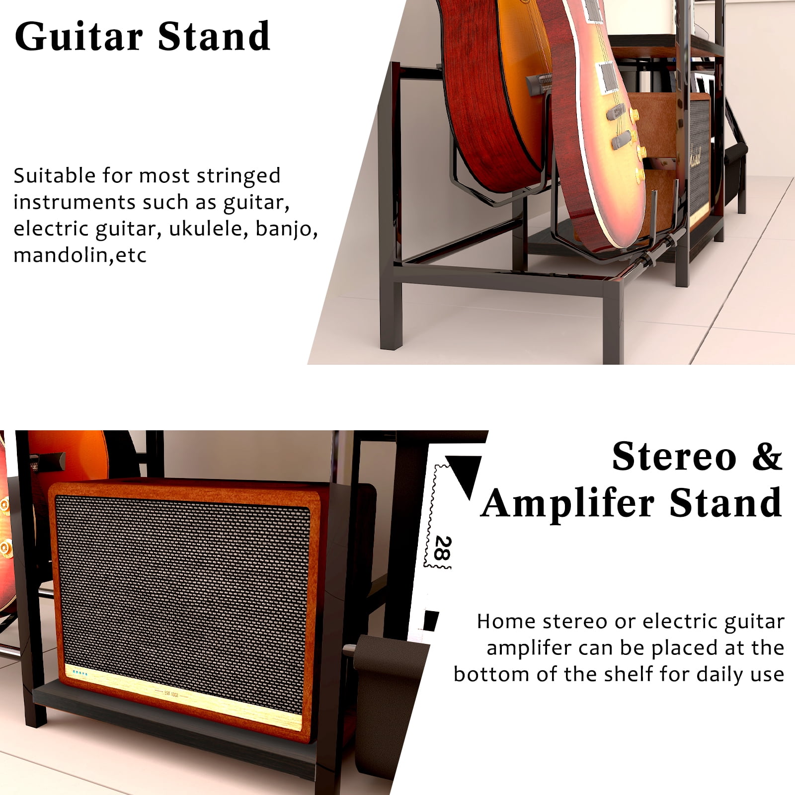 EASTROCK Guitar Stand & Record Player Stand with 3-Tier Vinyl Storage & Amp Stand for Music Room/Studio,Metal Shelf and Wooden Boards