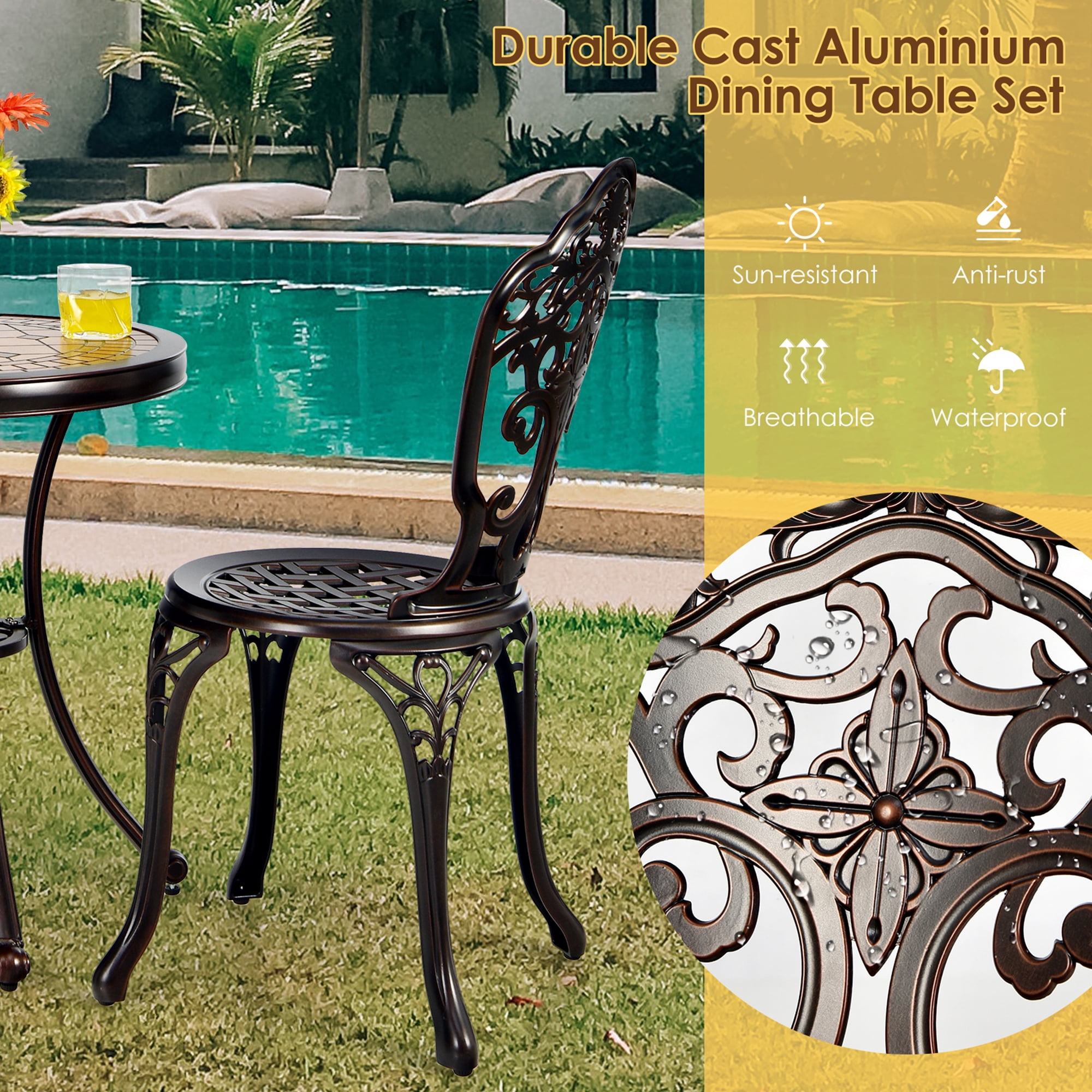 Gymax Fashion 3PCS Cast Aluminum Patio Bistro Set Outdoor Table & Chairs Furniture Set